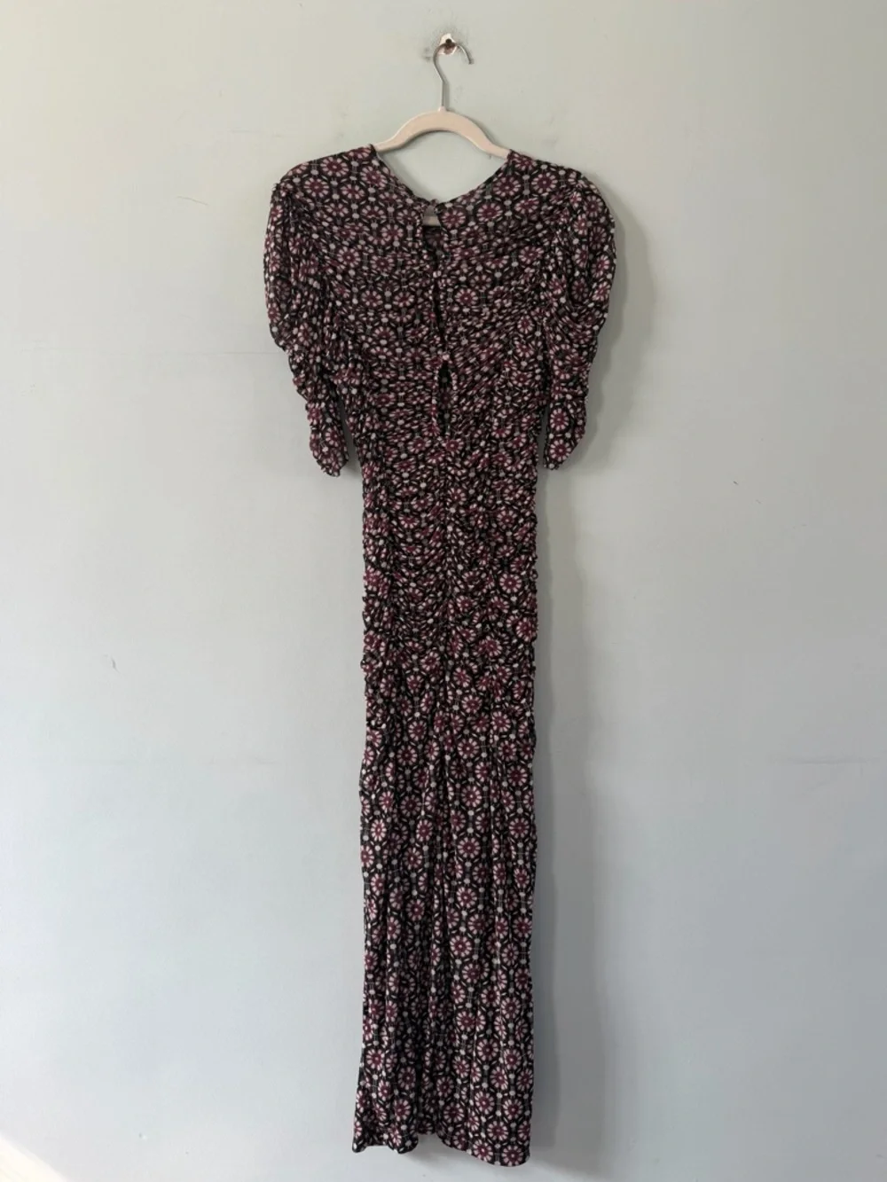 NWT Free People Briella Ruched Black‎ Purple Floral Combo Mesh Boho Midi Dress